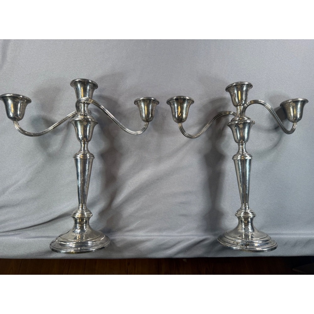 Gorham Sterling Silver Weighted 3-Light Candelabra Pair Convertible 808/1 Set 2 - Picture 2 of 12